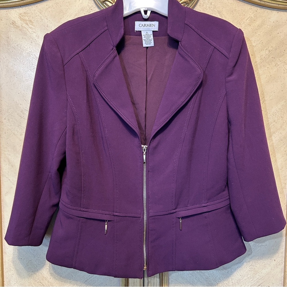 Carmen Marc Valvo Gold Zip Front Purple 3/4 Sleeve Blazer Jacket